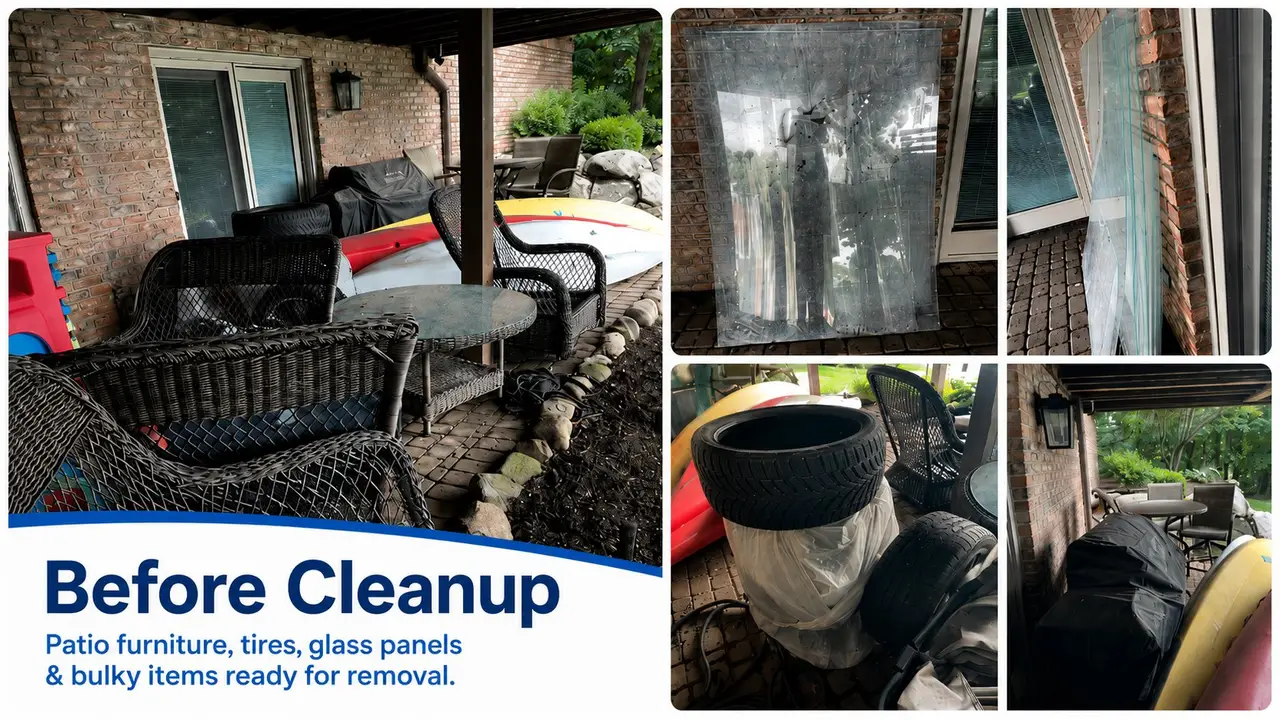 Before patio cleanup in Brighton with patio furniture, tires, glass panels, and bulky items ready for removal